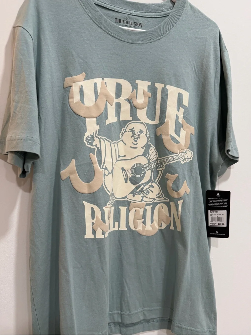 True Religion Sage Green Buddha Graphic Tee with Cream Print